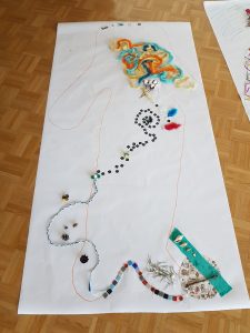 Telesni zemljevid iz volne, kamenčkov in naravnih materialov